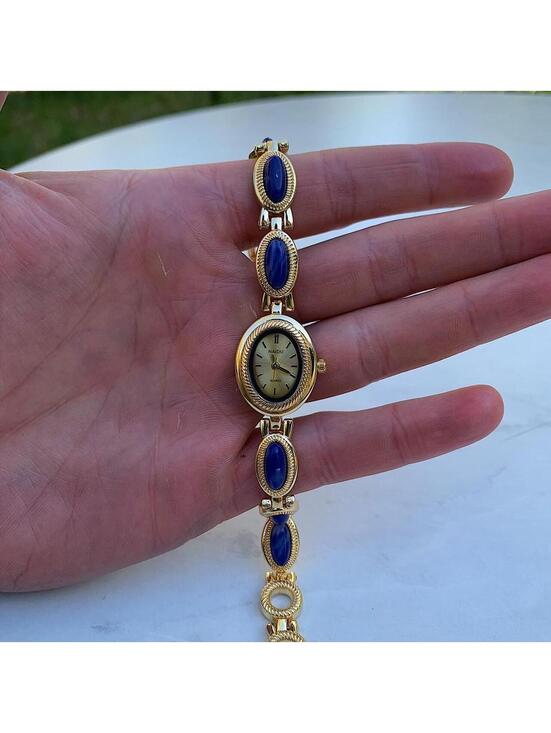 Accessories - Y2k style Dainty cute Gold style tone quartz watch with dark blue jade stone